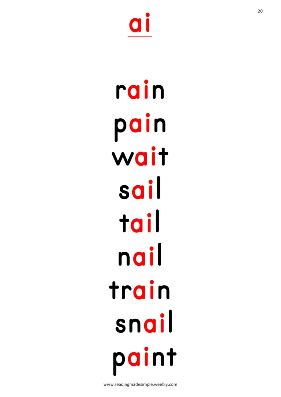 Phonics word list for ai: rain, pain, wait, sail, tail, nail, train, snail, and paint, with ai shown in red