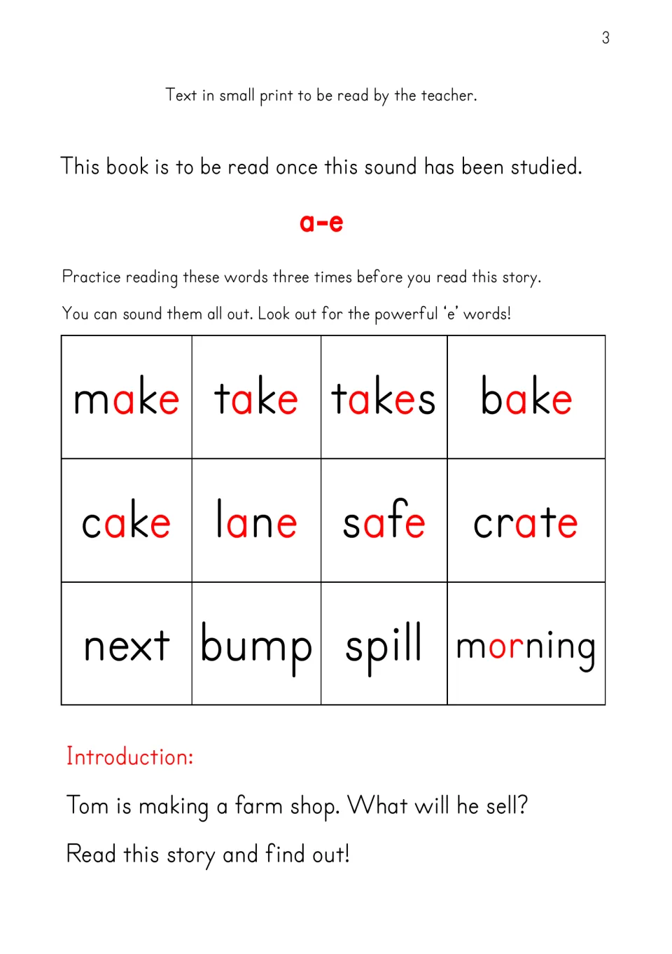 a-e silent e warm-up: students read 12 words such as make, cake, lane and crate three times, then hear a story introduction