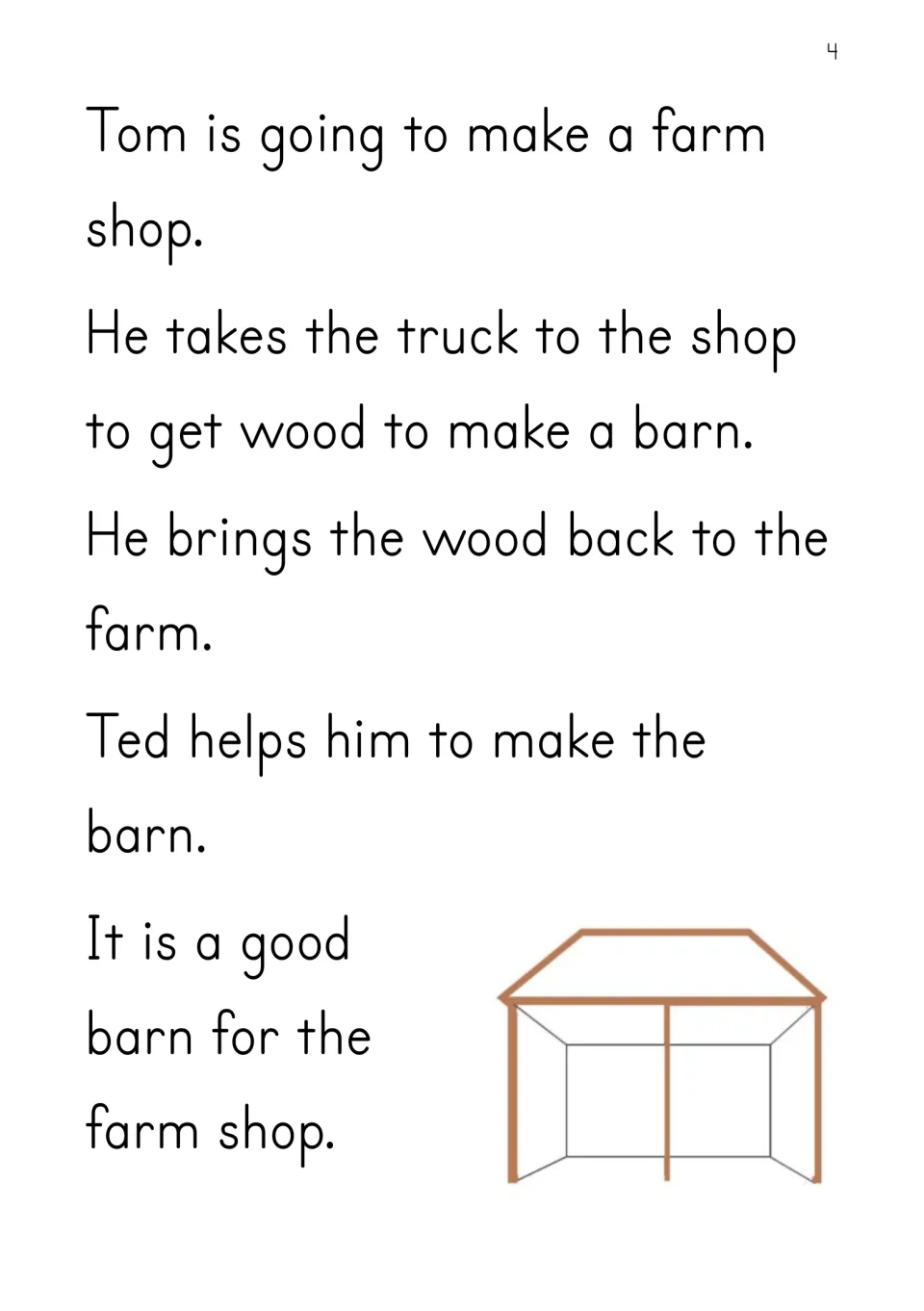 Story page: Tom takes the truck to get wood, and Ted helps him make a barn for the farm shop, with a drawing of the barn
