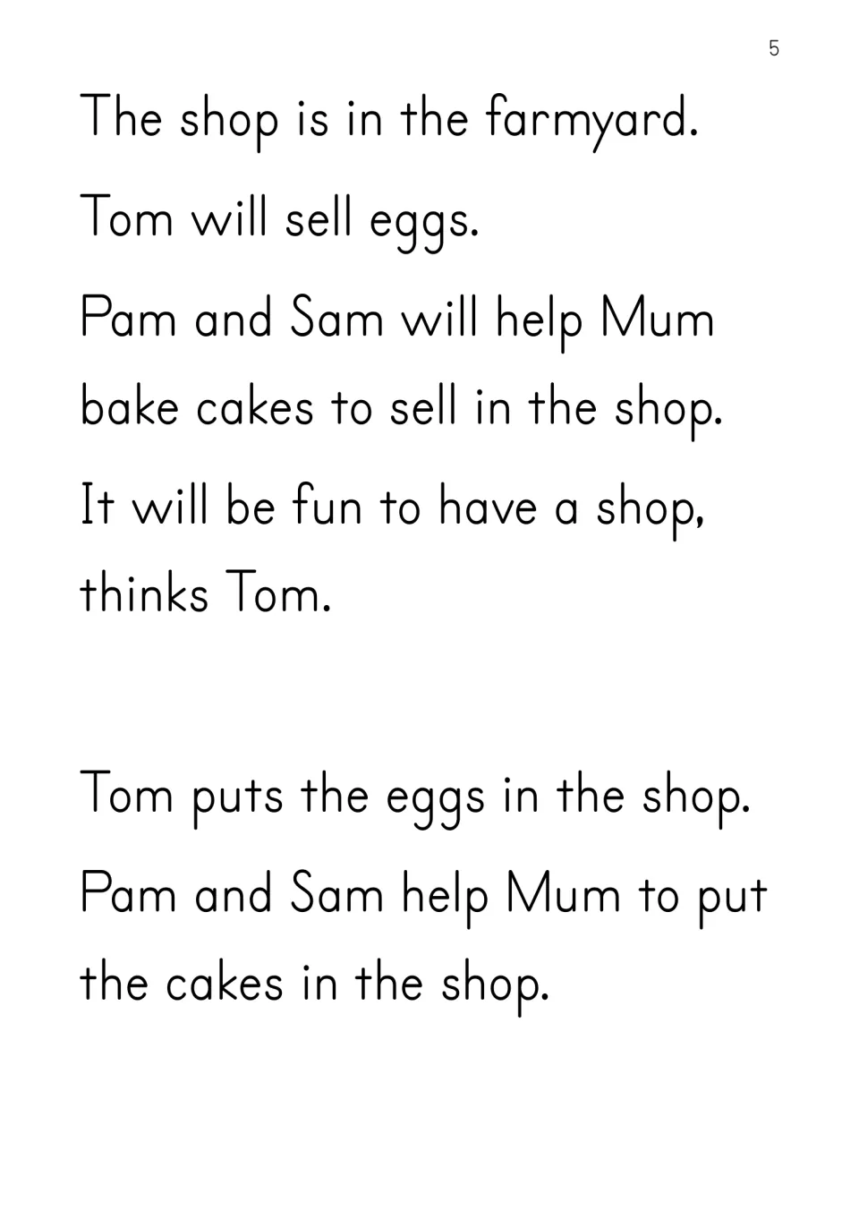 Story page: the shop sits in the farmyard; Tom will sell eggs while Pam and Sam help Mum bake cakes to put in the shop