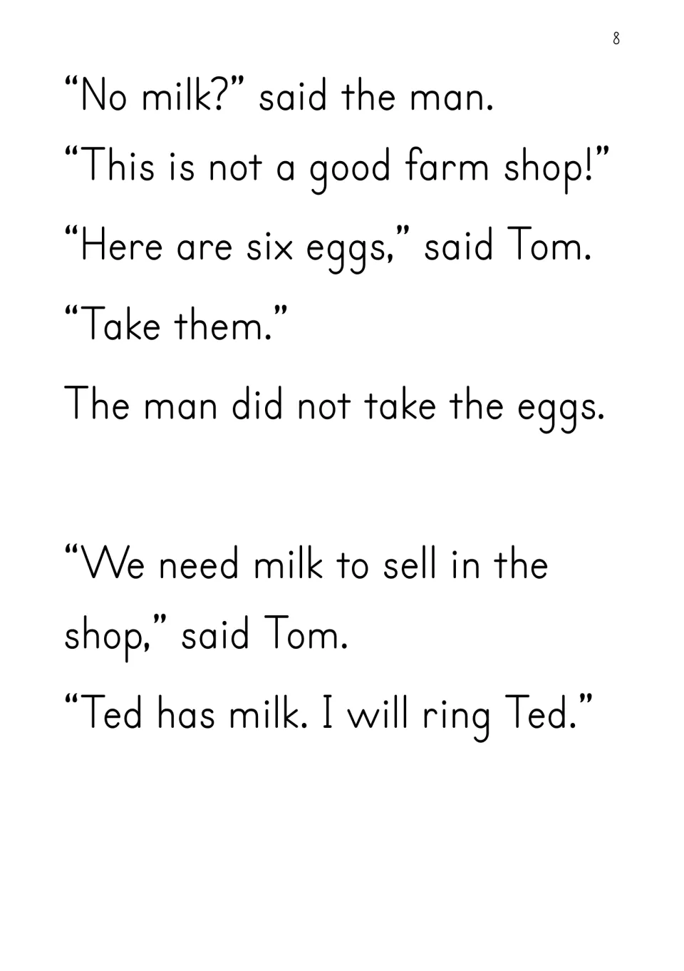Story page: the man says it is not a good farm shop and will not take the eggs, so Tom plans to ring Ted for milk