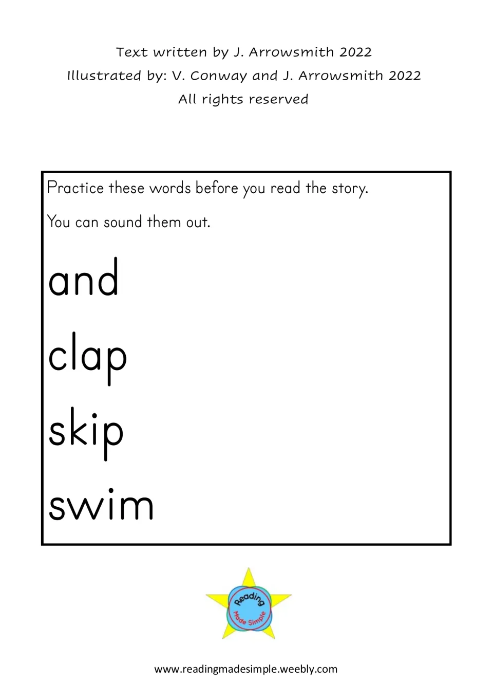 Sound-out word practice before reading: students blend and read and, clap, skip and swim; author and illustrator credits