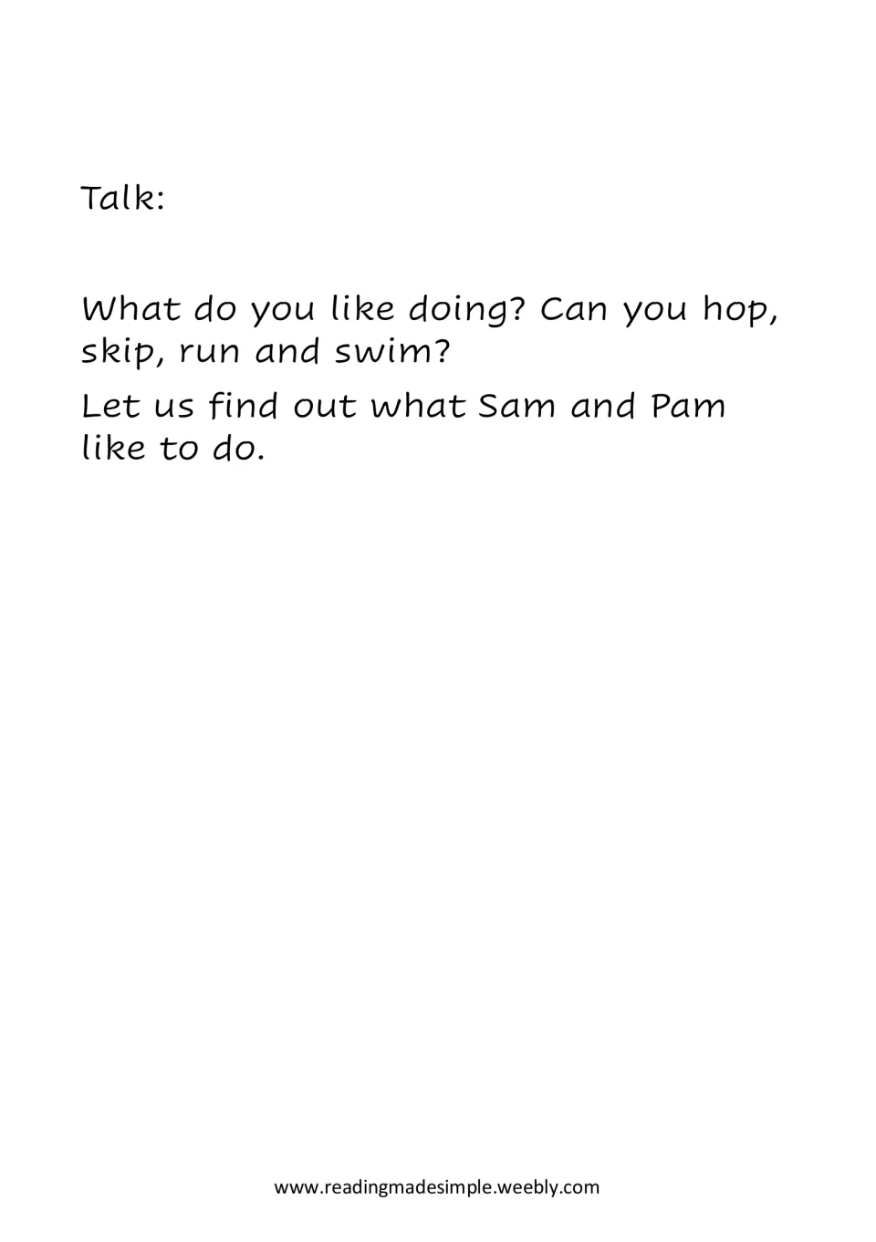 Talk prompt: children discuss whether they can hop, skip, run and swim, then find out what Sam and Pam like to do