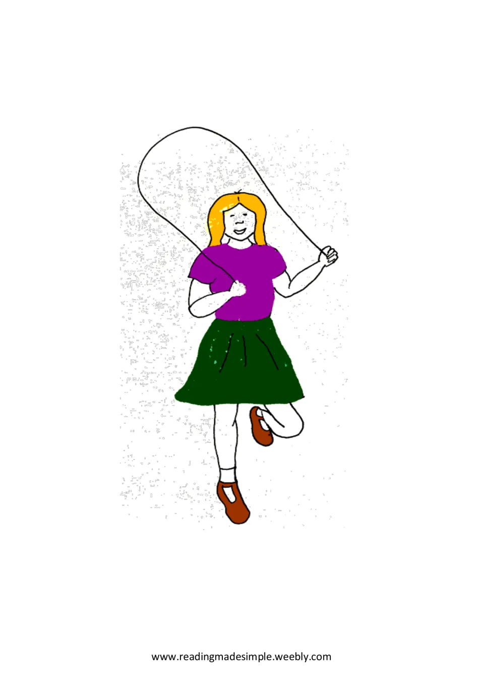 Story illustration of a smiling girl in a purple top and green skirt skipping with a jump rope, matching the skip text