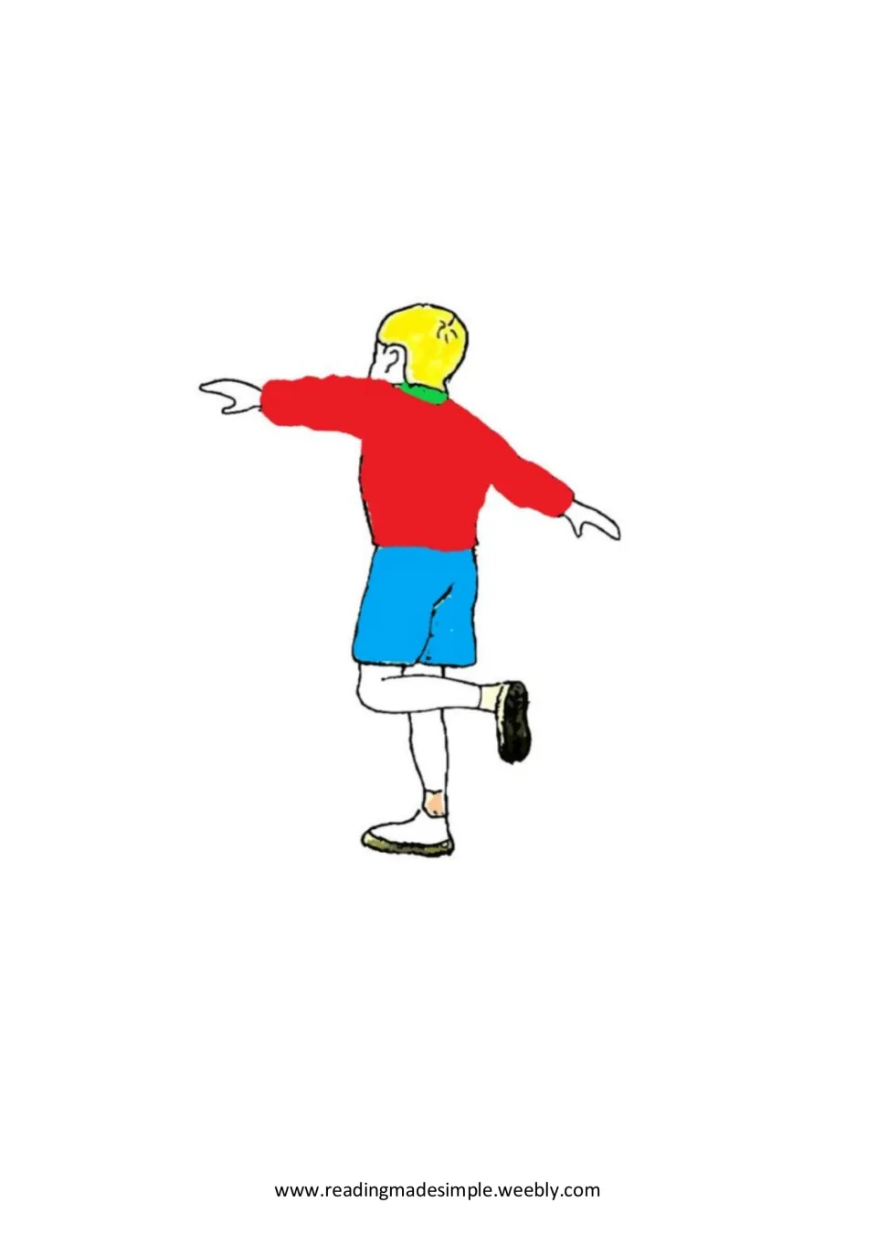 Story illustration of a boy in a red jumper and blue shorts, seen from behind, hopping on one leg with arms out wide