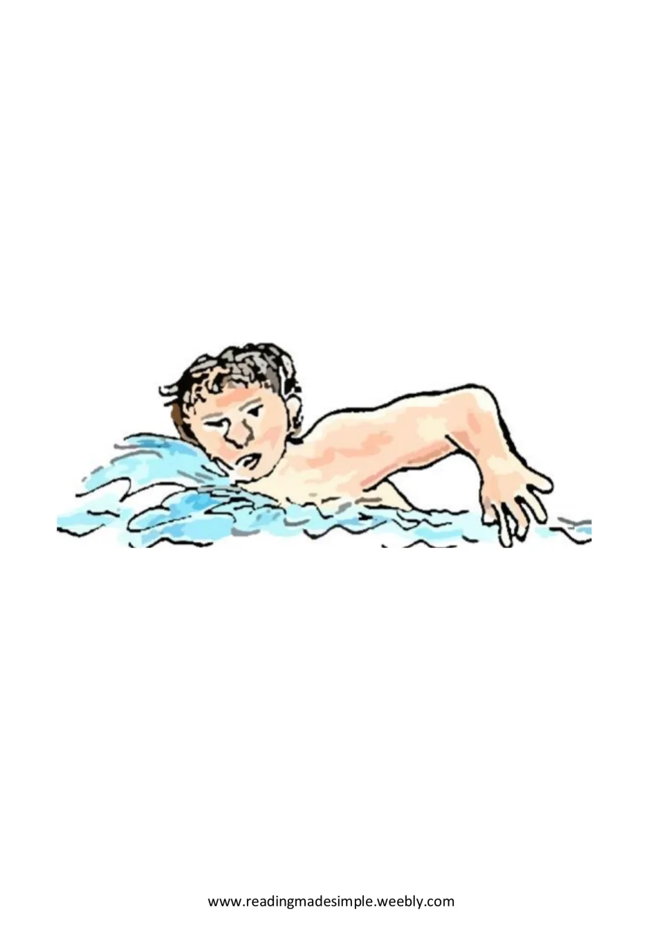 Story illustration of a boy swimming front crawl through splashing blue water, matching the swim question