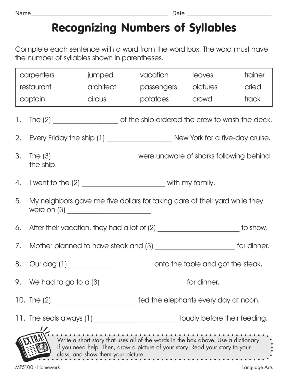 Recognizing numbers of syllables: students fill 11 sentences with word-box words that match the syllable count shown