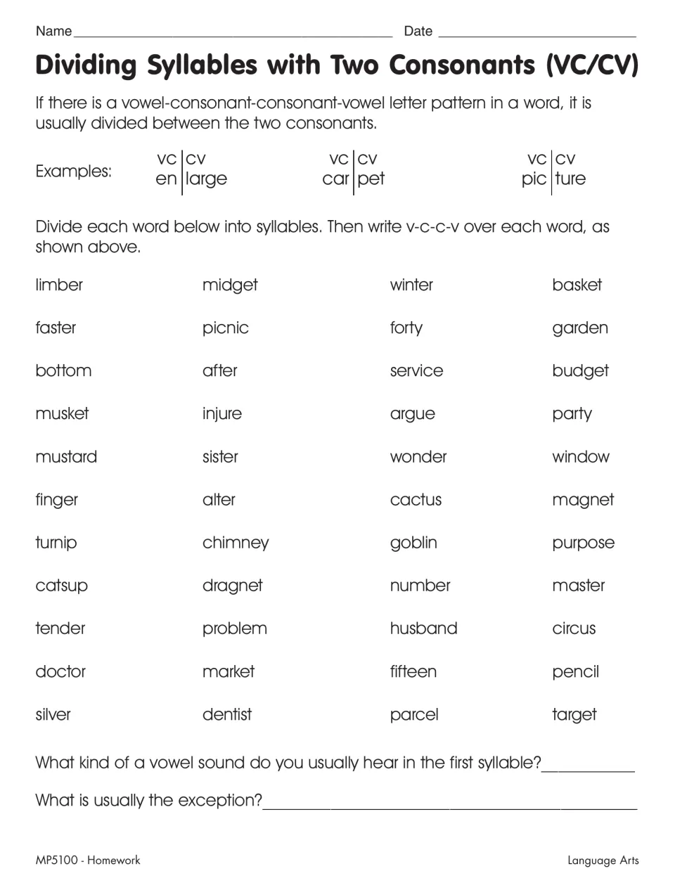 Dividing syllables with two consonants (VC/CV): students split 44 words like basket and picnic and mark v-c-c-v over each