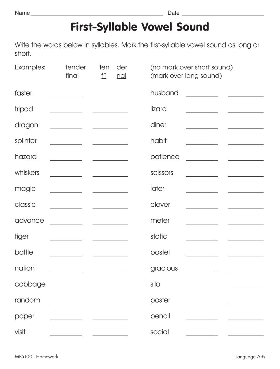 First-syllable vowel sound: students divide 32 words like tiger and habit and mark the first vowel long or short