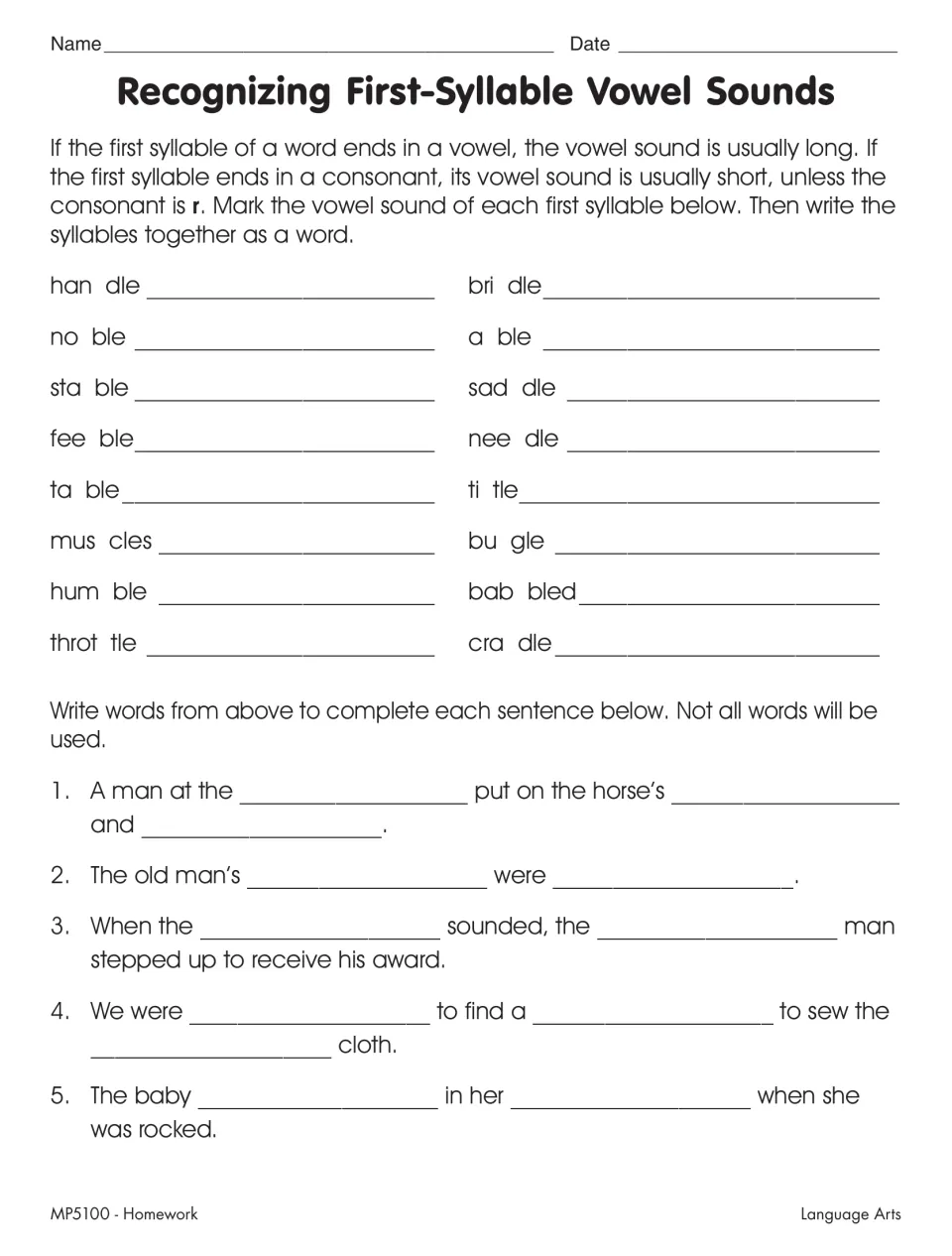 First-syllable vowel sounds: students mark the vowel in 16 split words like cra dle, join them, then fill 5 sentences