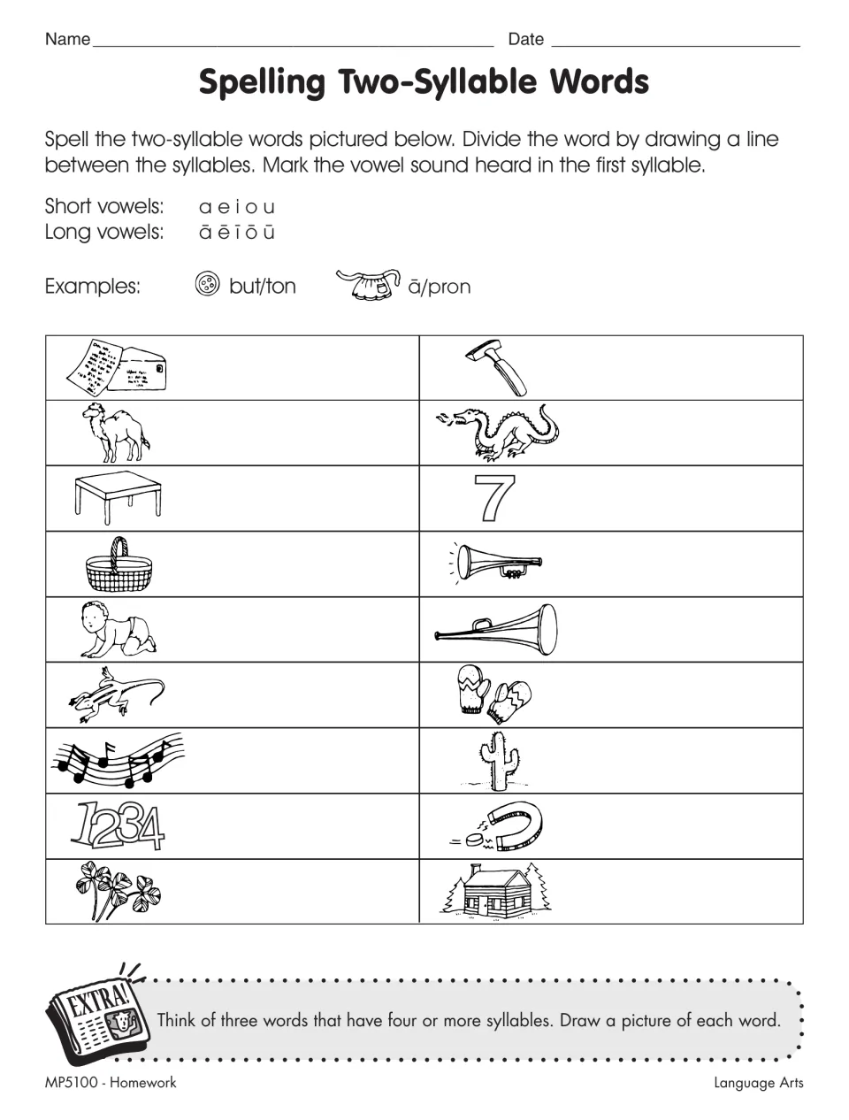 Spelling two-syllable words: students name 18 pictures like camel, dragon and cactus, divide them and mark the first vowel