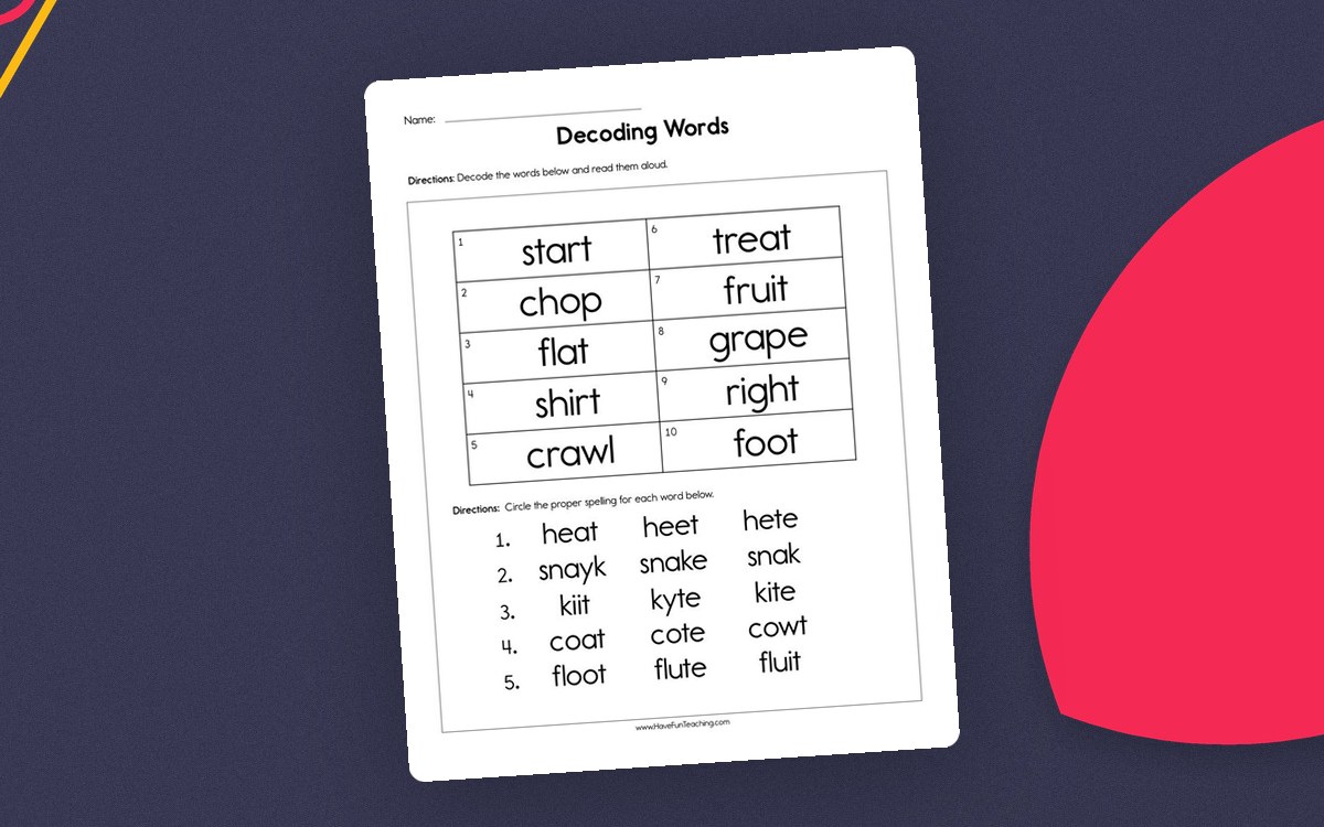 Decoding words worksheet with a word list and spelling-choice items