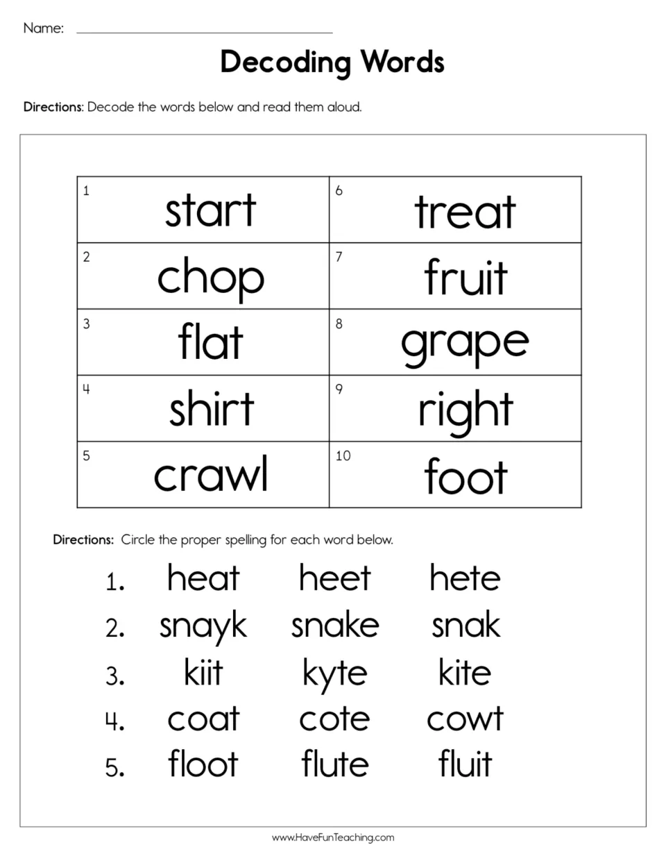 Decoding practice: students sound out 10 printed words and read them aloud, then pick the correct spelling in 5 rows