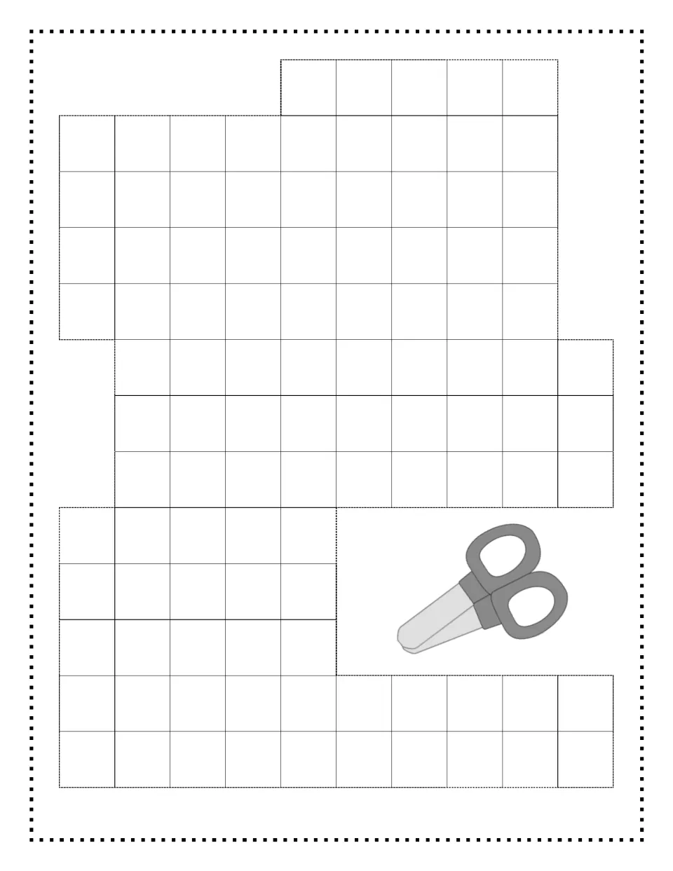 Rectilinear shape cut-out on 1-inch squares with a scissors icon, for students to cut out and split into smaller rectangles
