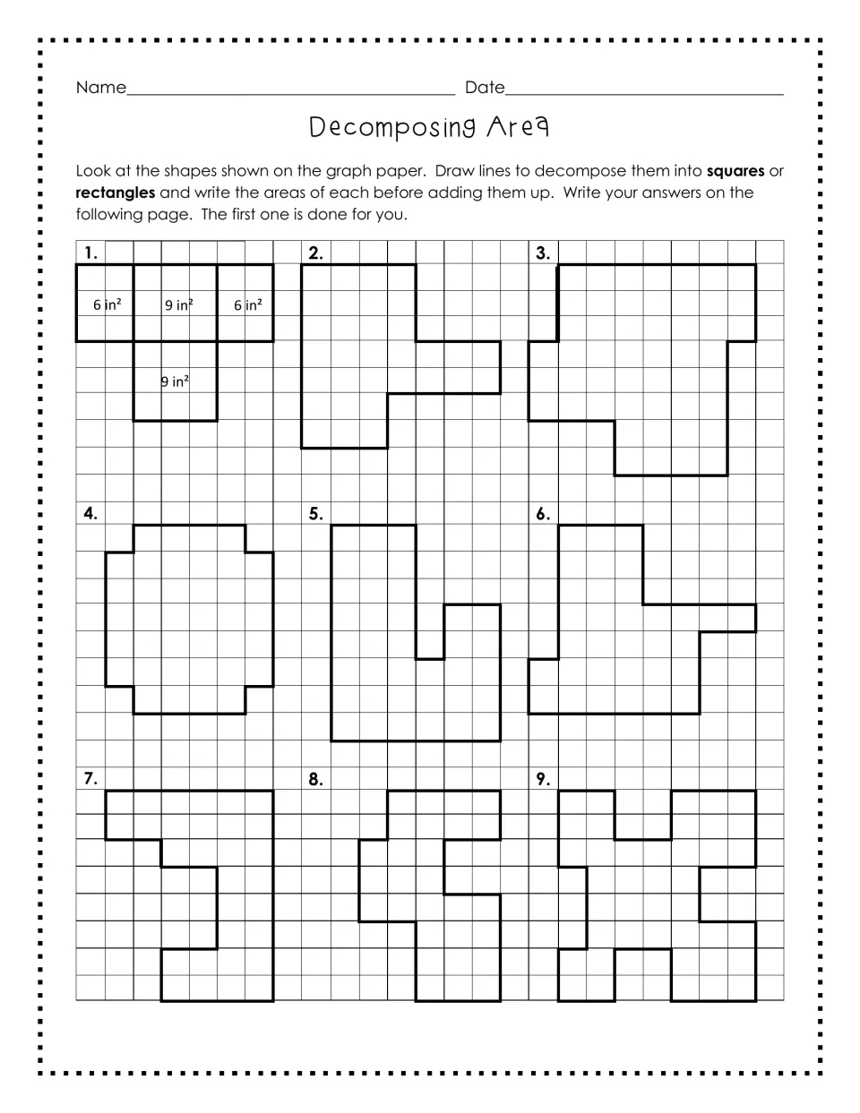 Decomposing area on graph paper: students split nine rectilinear shapes into squares or rectangles; shape 1 is modeled