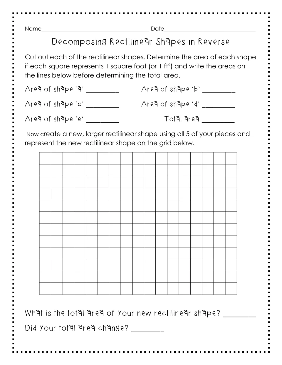 Rectilinear shapes in reverse: students find the area of 5 cut-out pieces in square feet, then join them into a new shape