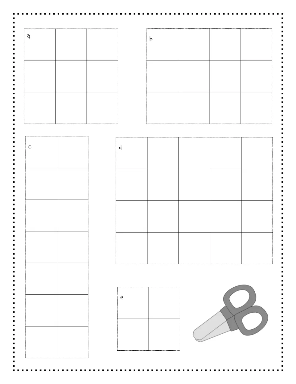 Cut-out rectangles a to e of 9, 12, 14, 20 and 4 unit squares, used to measure area and build a new rectilinear shape