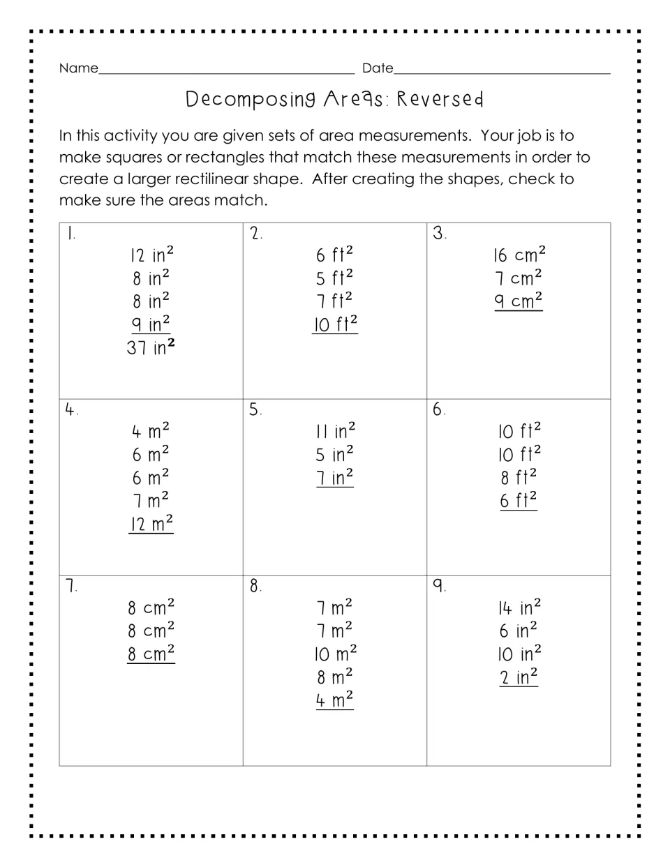 Area measurement sets: students draw squares or rectangles matching nine sets of areas, then join them into larger shapes