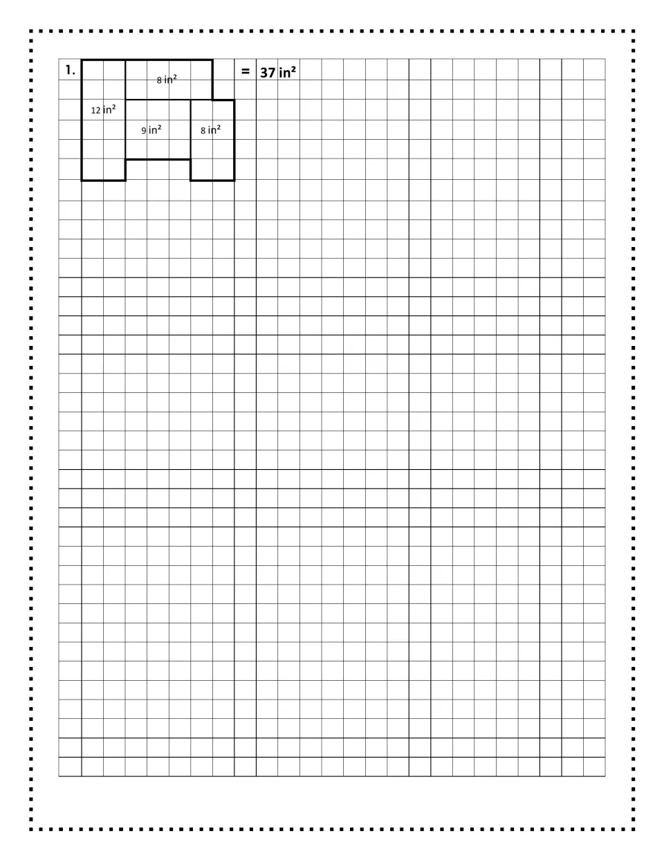 Worked example: problem 1 shows rectangles of 12, 8, 9 and 8 square inches joined into one 37 square inch shape