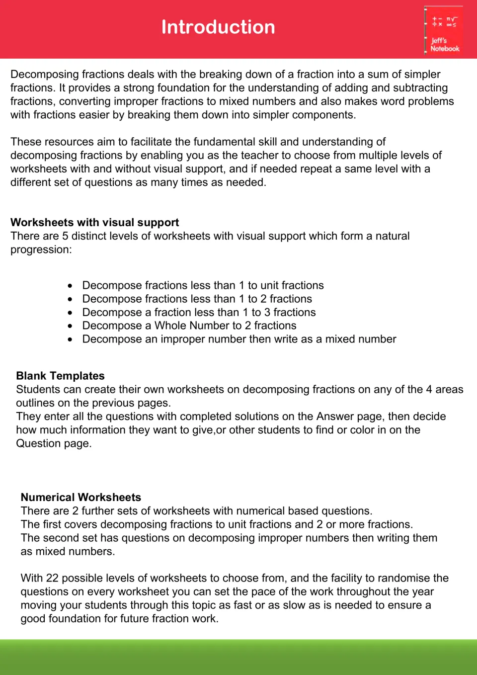Introduction to decomposing fractions: overview of five visual worksheet levels, blank templates and numerical sets
