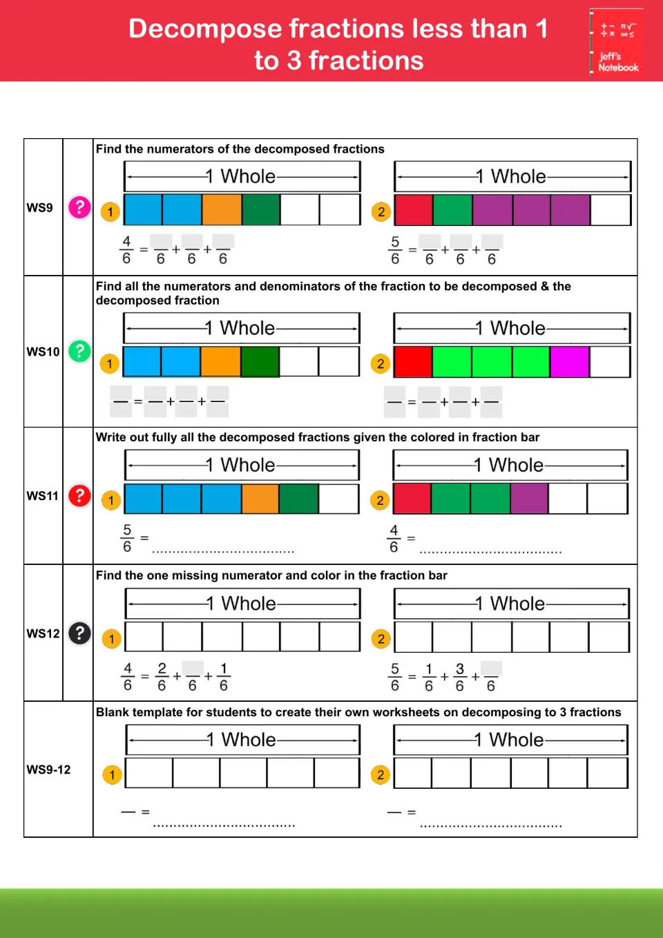 Fractions less than 1 into 3 parts: students find numerators for 4/6 and 5/6 and color bars in WS9 to WS12