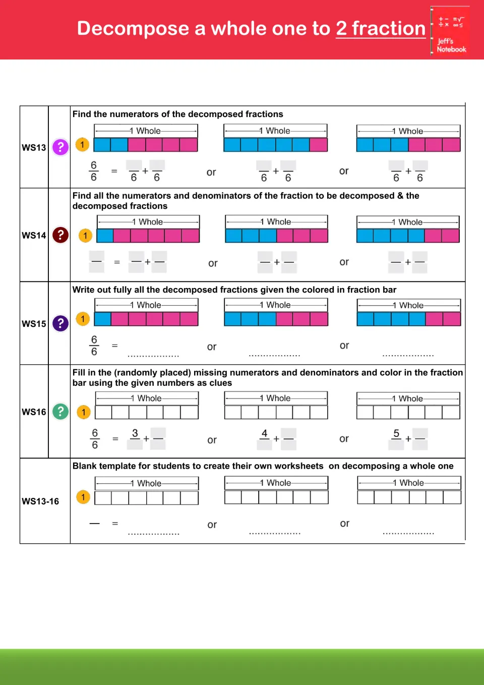 Decomposing a whole into 2 fractions: students complete 6/6 as two-part sums from clues 3/6, 4/6 and 5/6, WS13-WS16