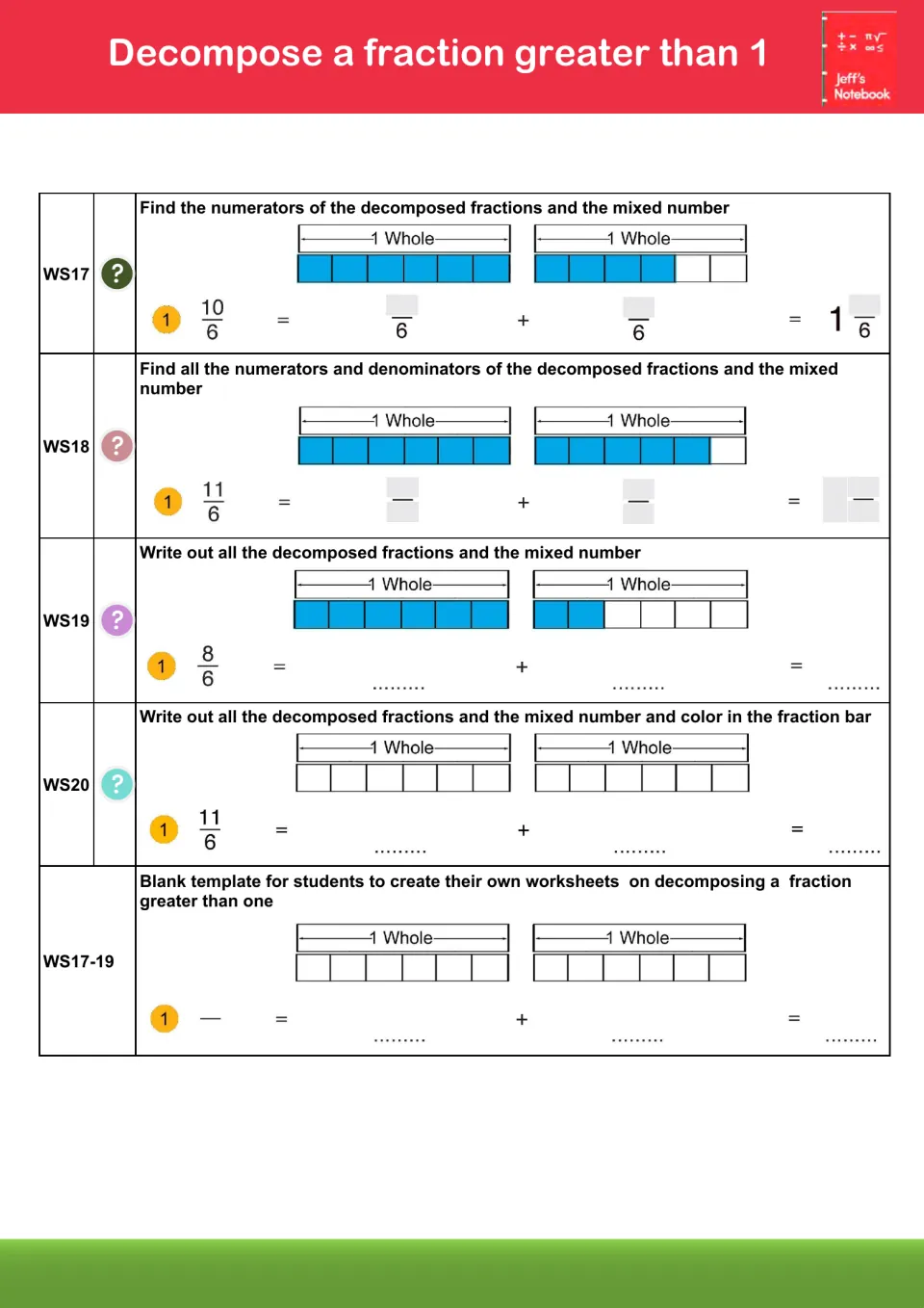 Fractions greater than 1: students split 10/6, 11/6 and 8/6 into a whole plus a part, then write the mixed number