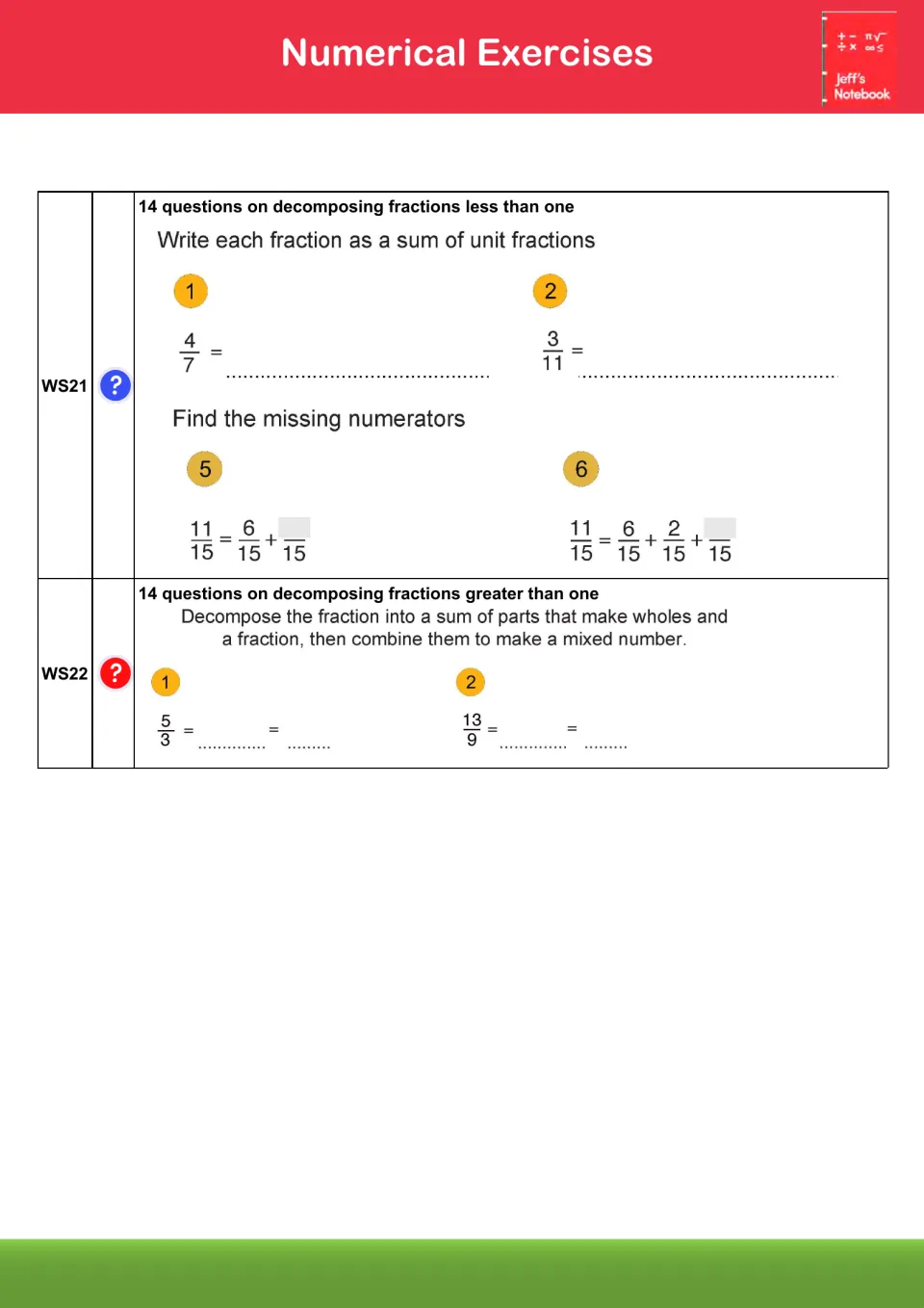 Numerical exercises: students write 4/7 as unit fractions, find missing numerators and turn 5/3 into a mixed number