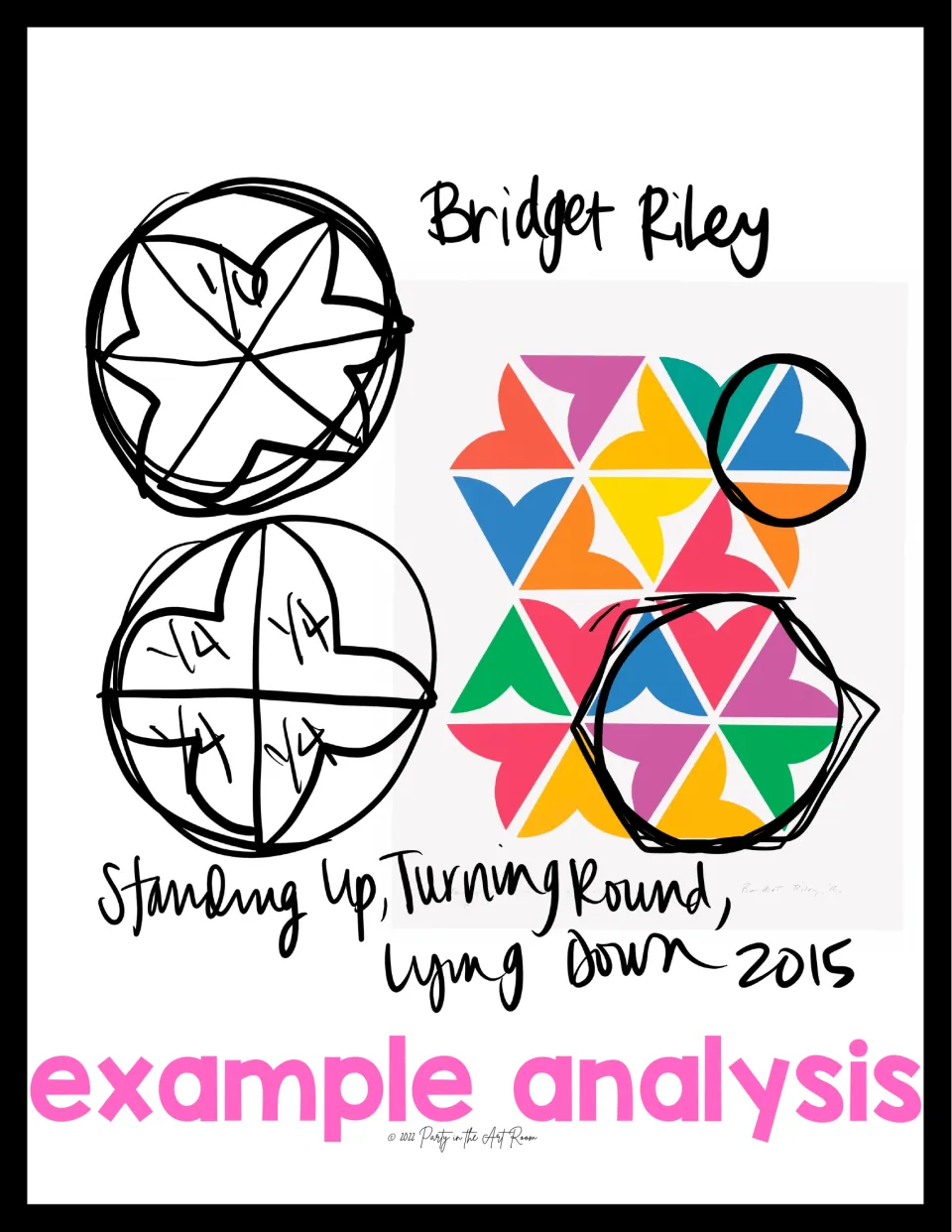 Example analysis of Bridget Riley's 2015 artwork, with shapes circled and redrawn as circles split into sixths and fourths
