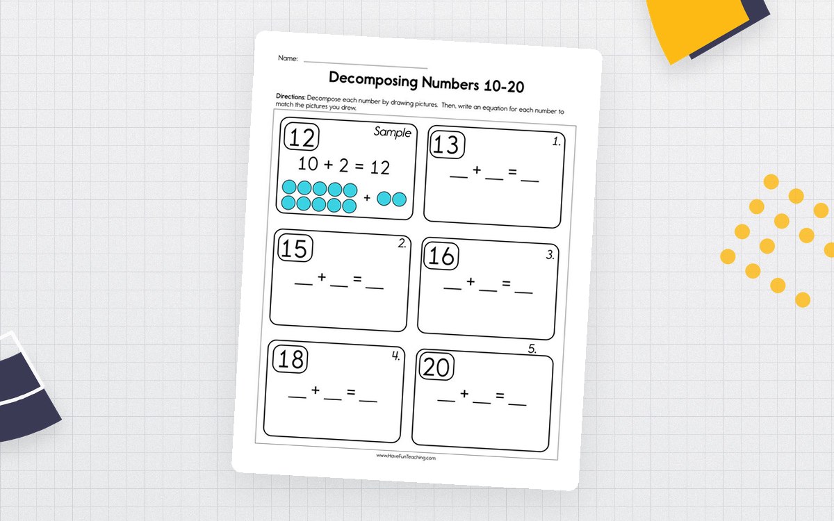 Decomposing Numbers 10-20 Worksheet preview: Worked decomposition model