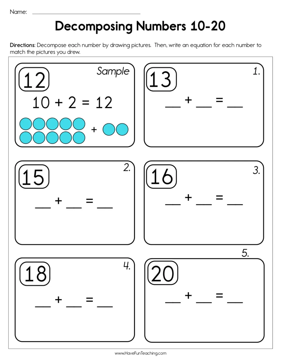 Decomposing teen numbers: students draw 13, 15, 16, 18 and 20 as pictures and write a matching equation, like 10 + 2 = 12
