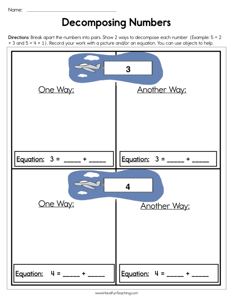 Decomposing 3 and 4 into pairs: students show two ways to split each number, using a drawing and an addition equation