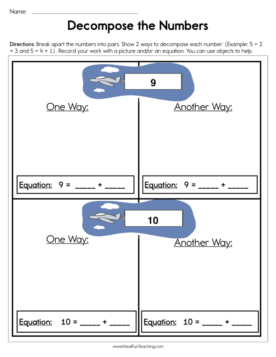 Decompose the Numbers: students show two ways to split 9 and 10 into pairs, drawing a picture and writing an equation