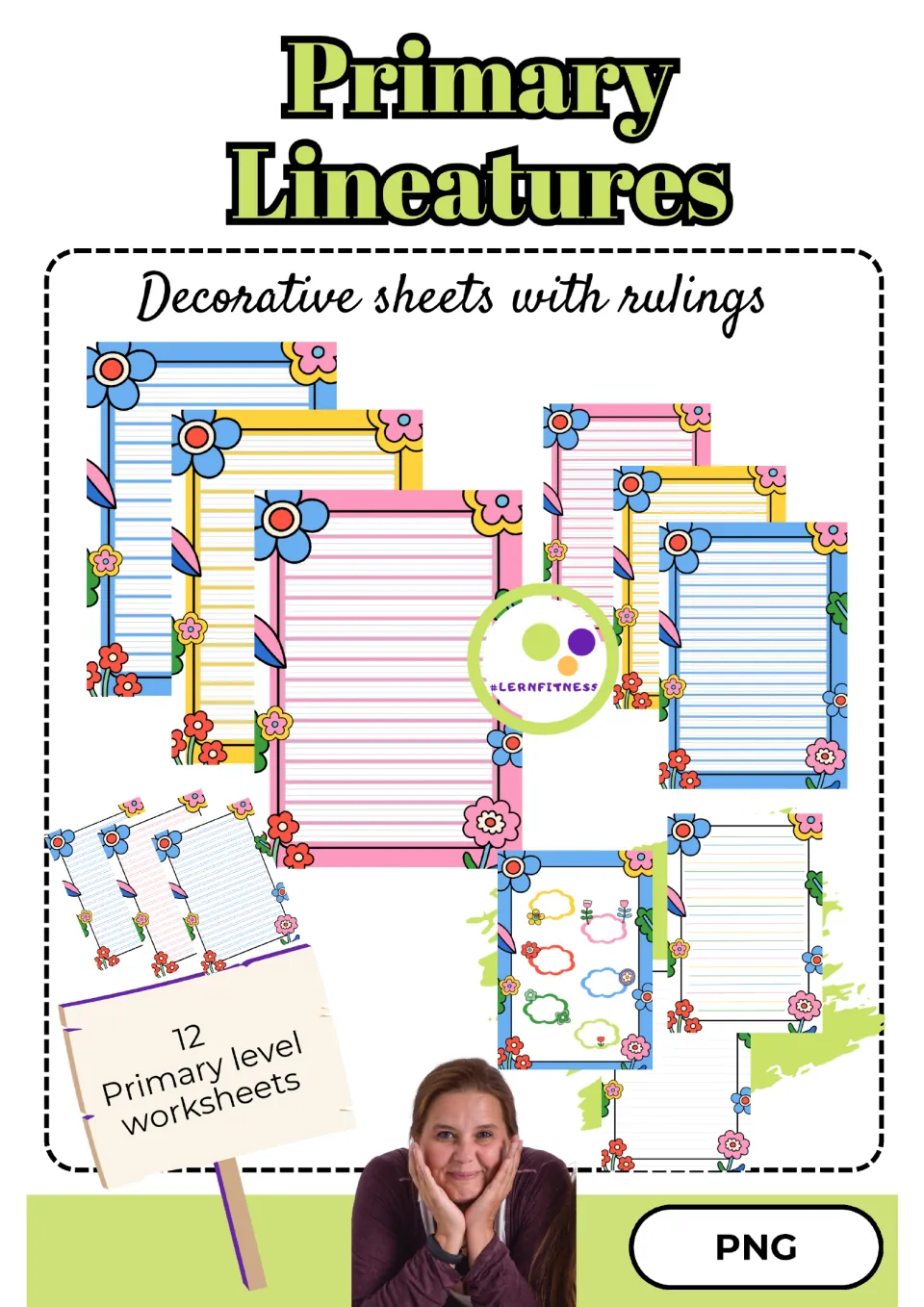 Primary Lineatures cover: decorative sheets with rulings, 12 flower-framed writing pages in blue, yellow and pink, PNG