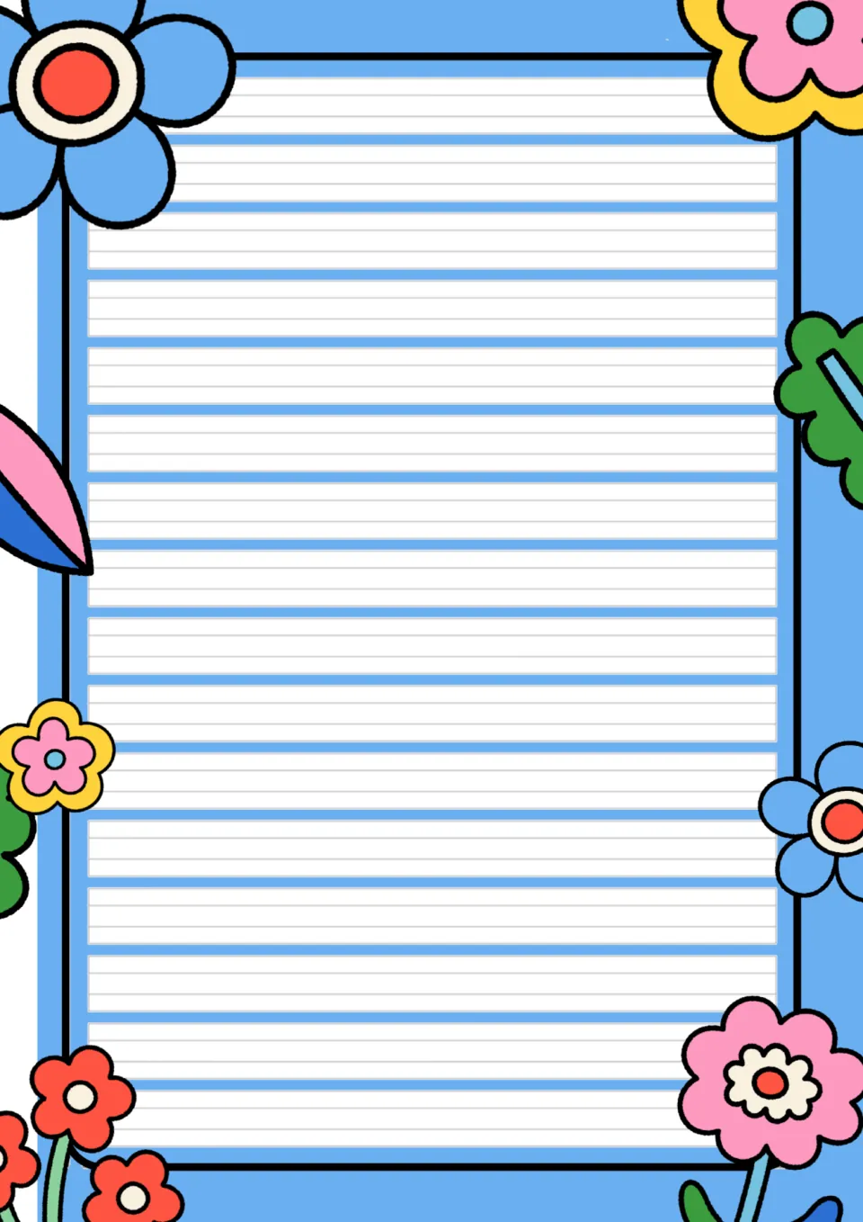 Blue flower writing paper with wide four-line handwriting rulings, so students can copy text or write a short story