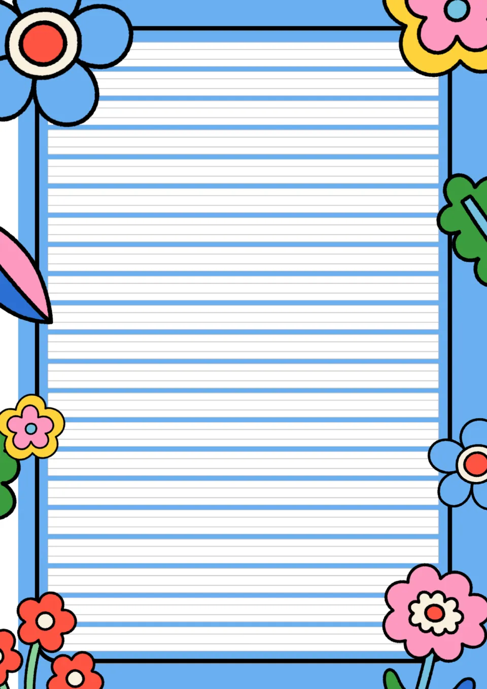 Blue flower writing paper with narrower handwriting rulings and more rows, giving students room for longer written work