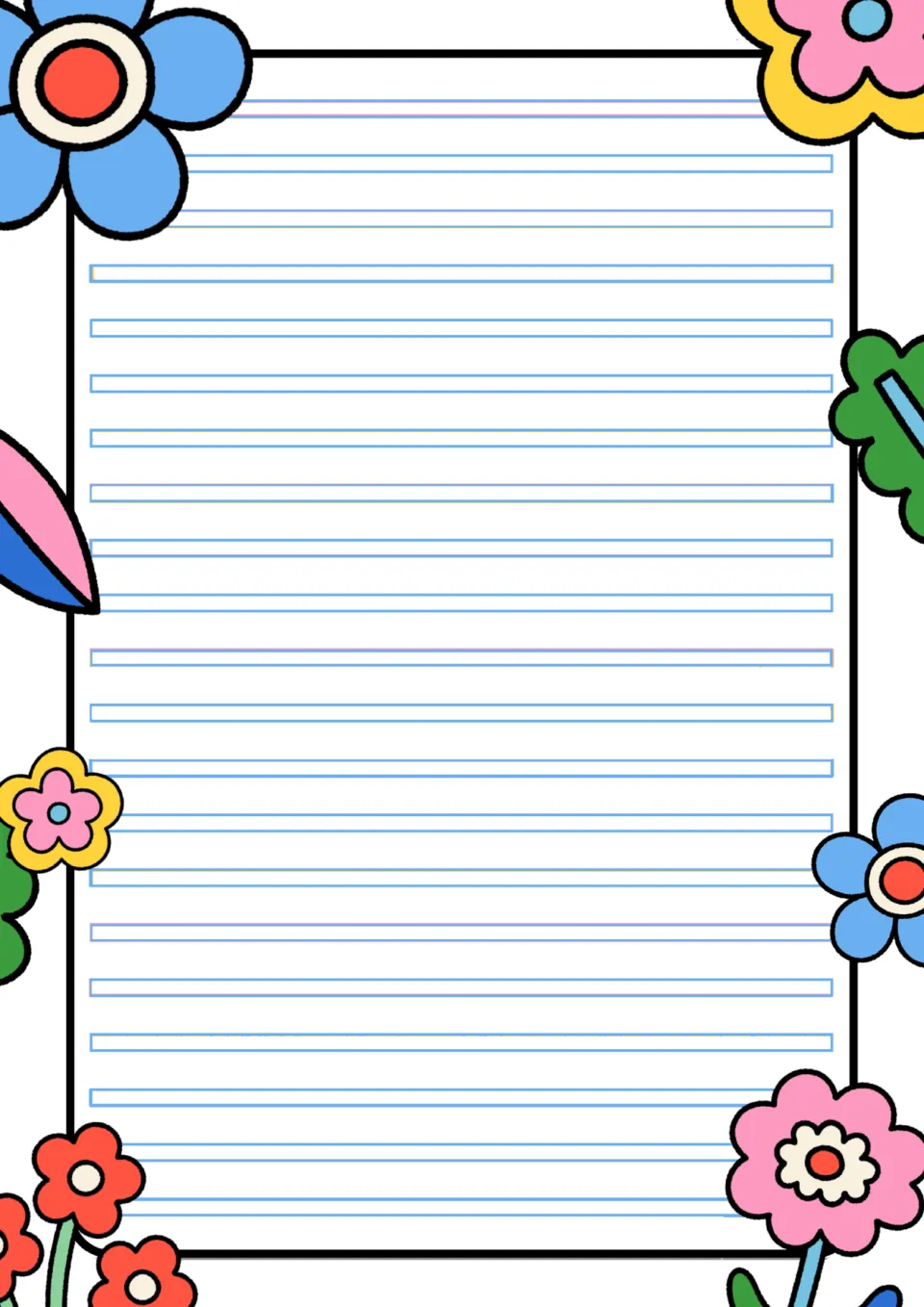 White flower writing page with thin blue double rulings for handwriting, students write stories or copy sentences on it