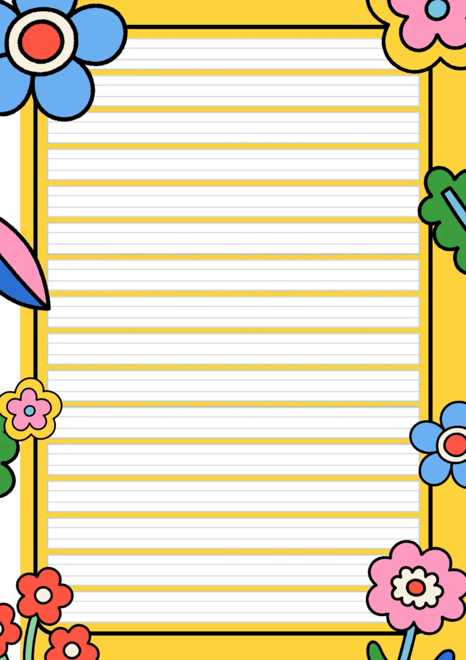 Yellow flower writing paper with wide four-line handwriting rulings where students practise letter formation and copying