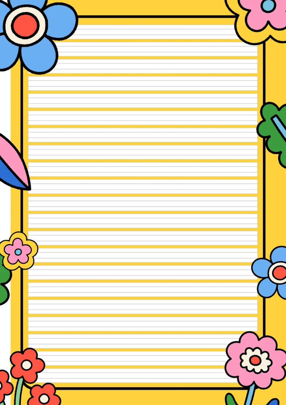 Yellow flower writing paper with narrower handwriting rulings and extra rows for students writing longer pieces of text