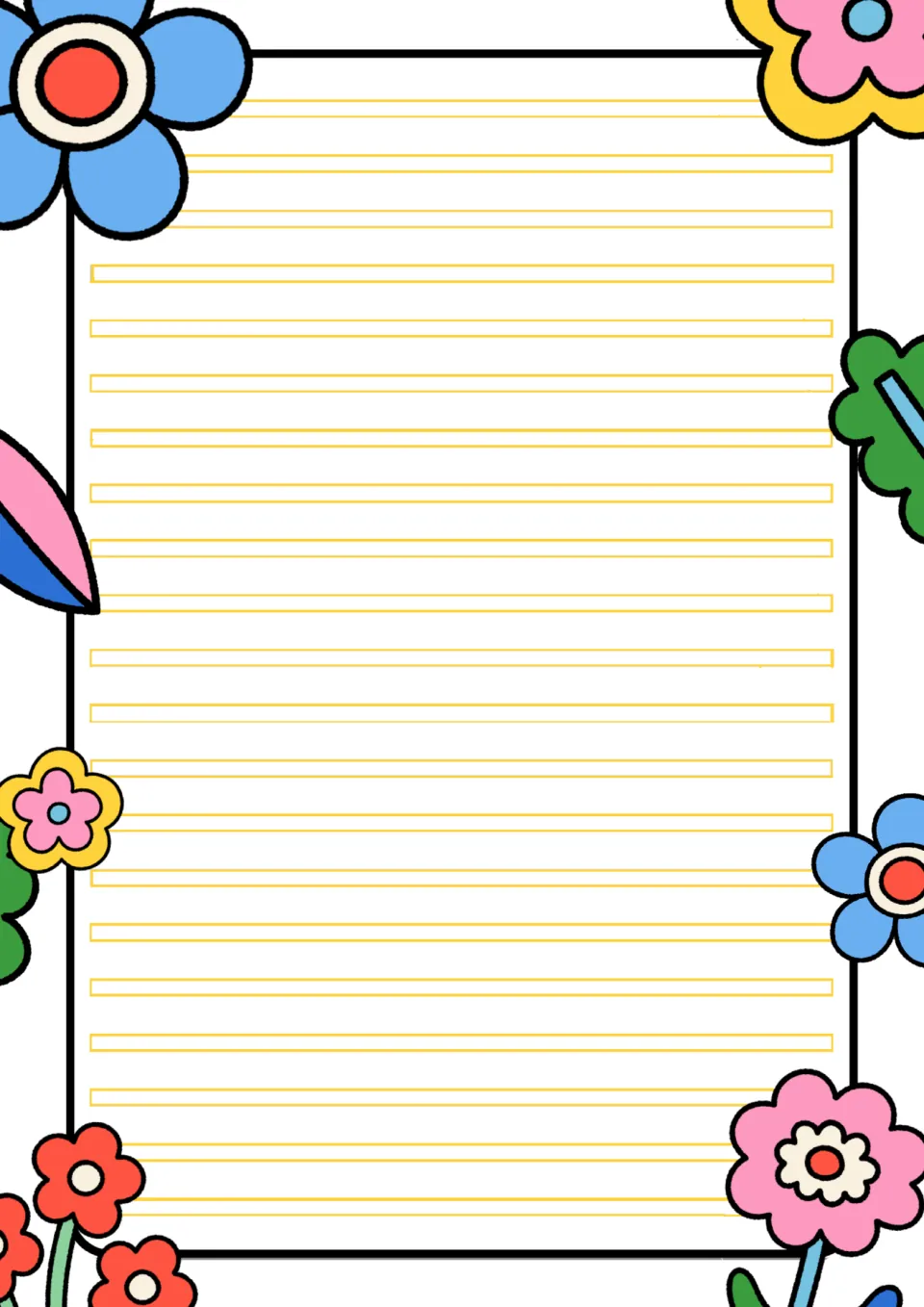 White flower writing page with thin yellow double rulings, a blank sheet for students to write or copy sentences on