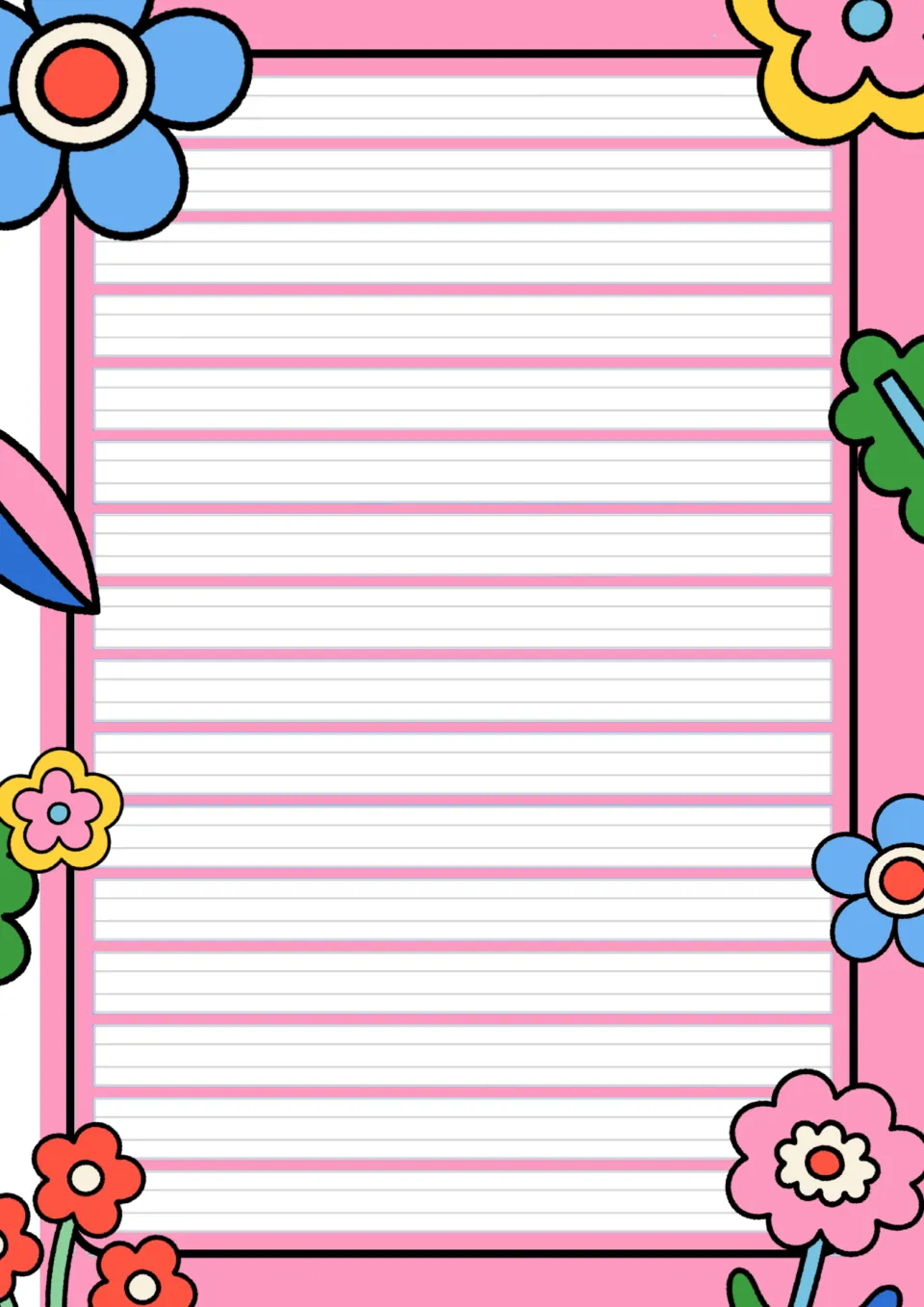 Pink flower writing paper with wide four-line handwriting rulings for students to practise neat letters and copy words