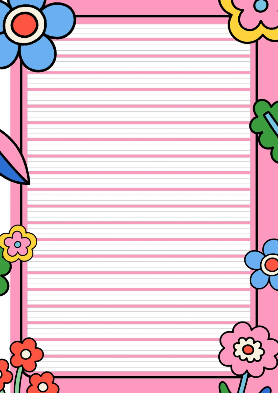 Pink flower writing paper with narrower handwriting rulings and many rows, for students writing stories or longer texts