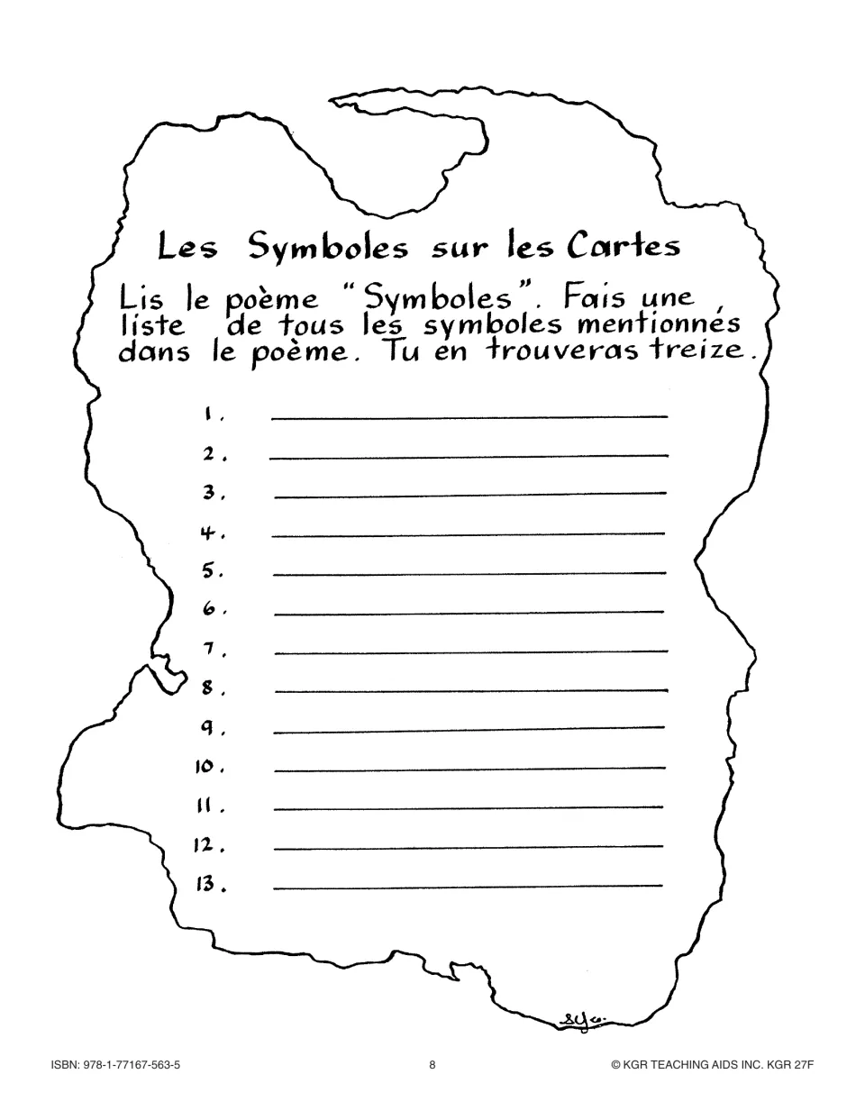 'Les Symboles sur les Cartes' (map symbols): list the 13 symbols named in the poem 'Symboles'