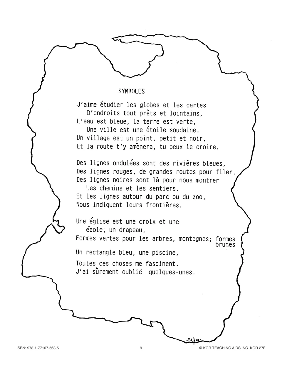 Poem 'Symboles': blue water, green land, a star for a city, a dot for a village, a cross for a church and more