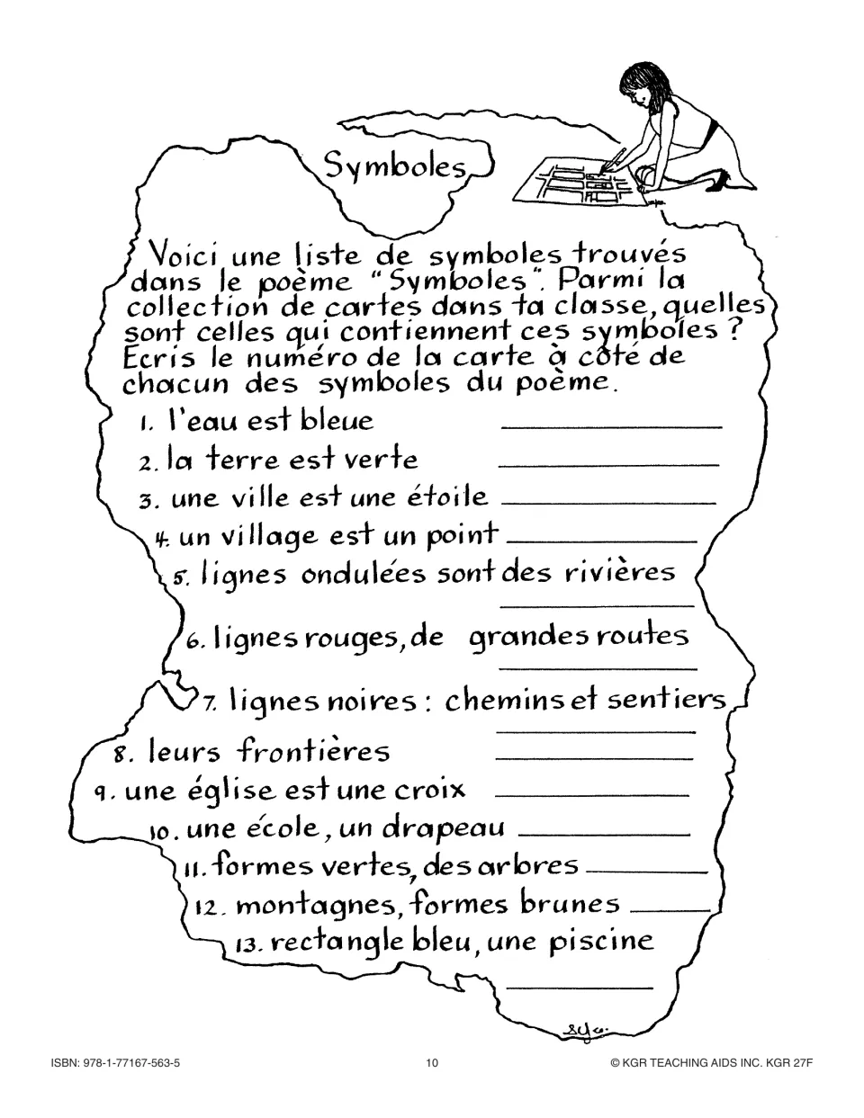 Symboles: write the class map number next to each of 13 poem symbols, from 'l'eau est bleue' to 'une piscine'