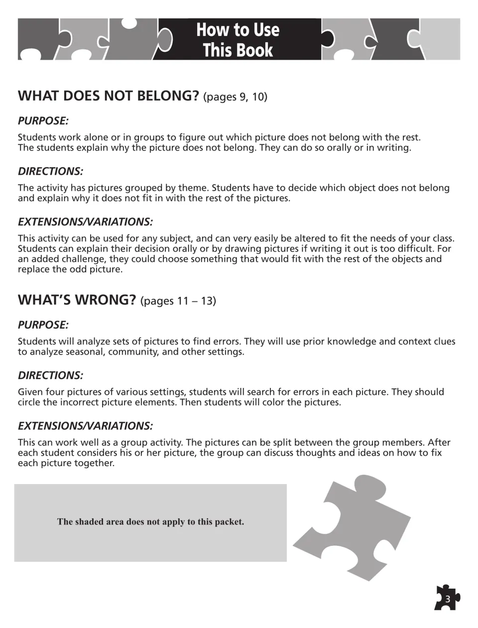 How to Use This Book: purpose, directions and variations for What Does Not Belong? and What's Wrong? picture activities