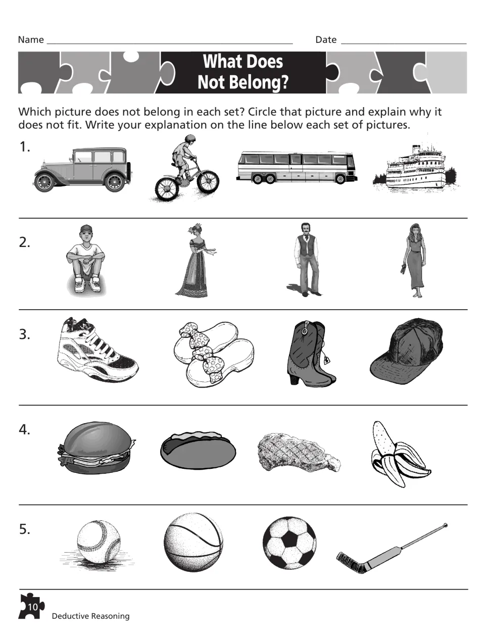 Classifying by category: vehicles, people, footwear, foods and balls, each with one odd picture to circle and explain