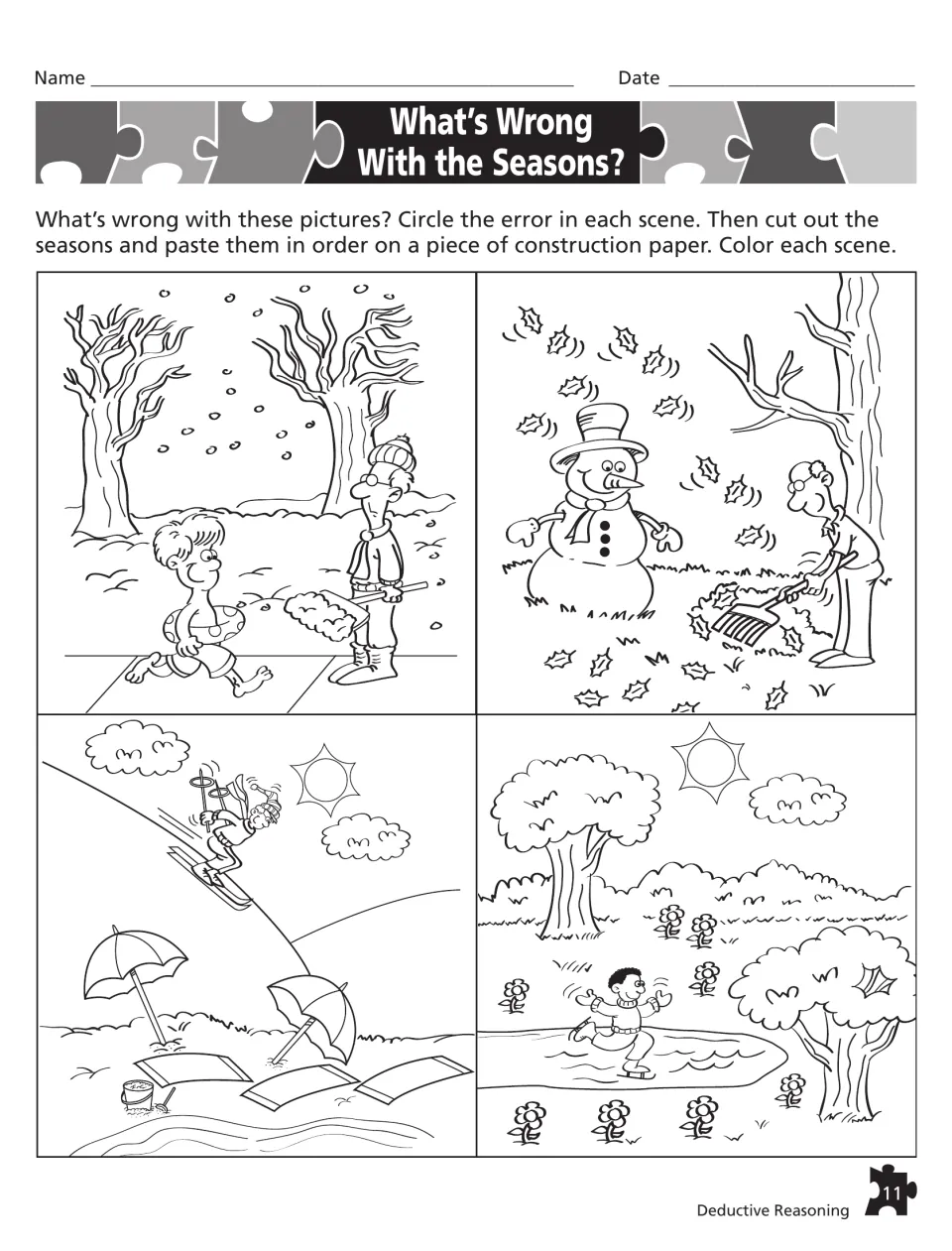 What's Wrong With the Seasons?: circle the error in 4 scenes, such as a snowman in fall, then cut out and order them