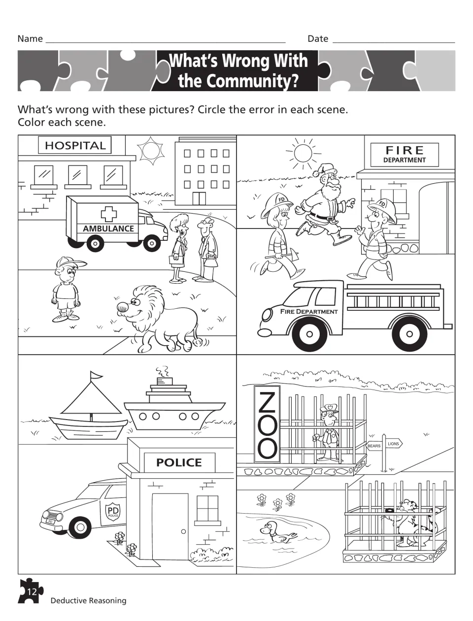 What's Wrong With the Community?: circle the out-of-place detail at a hospital, fire station, police station and zoo