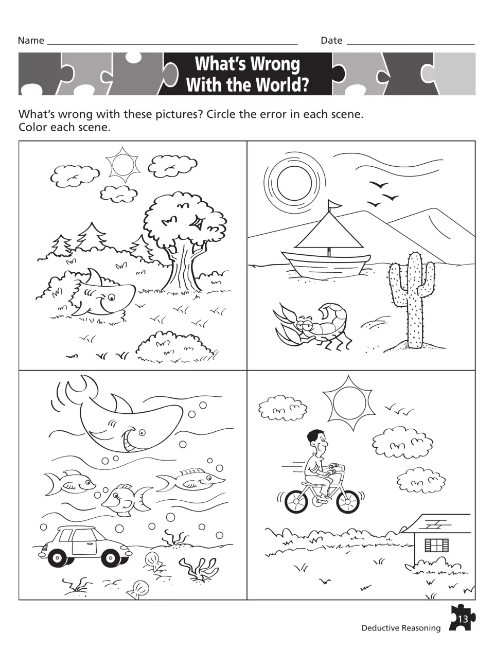 What's Wrong With the World?: circle what doesn't belong in forest, desert, ocean and sky scenes, like a shark on land
